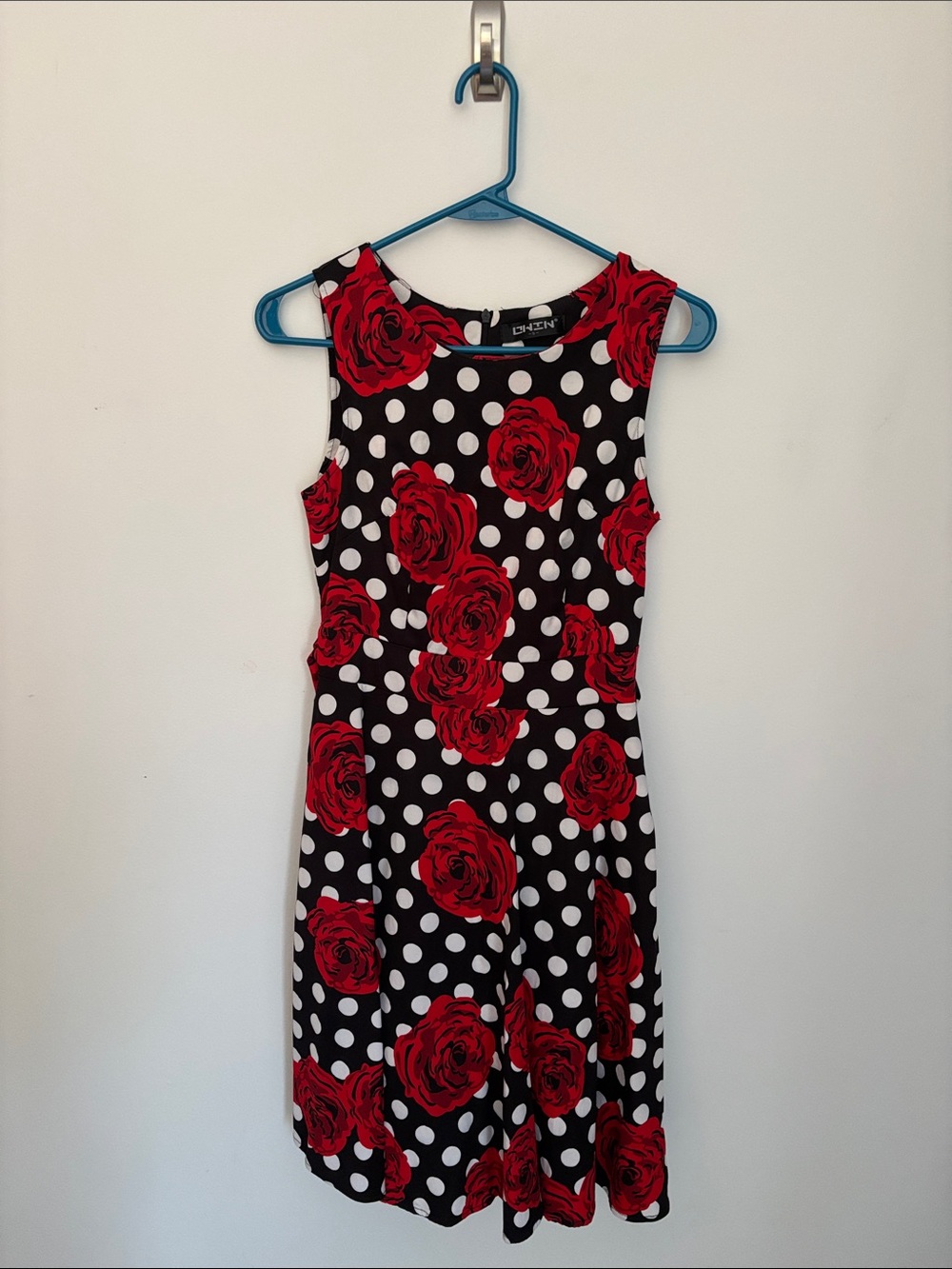 Sleeveless Black Mini Dress with Red Rose & White Polka Dots